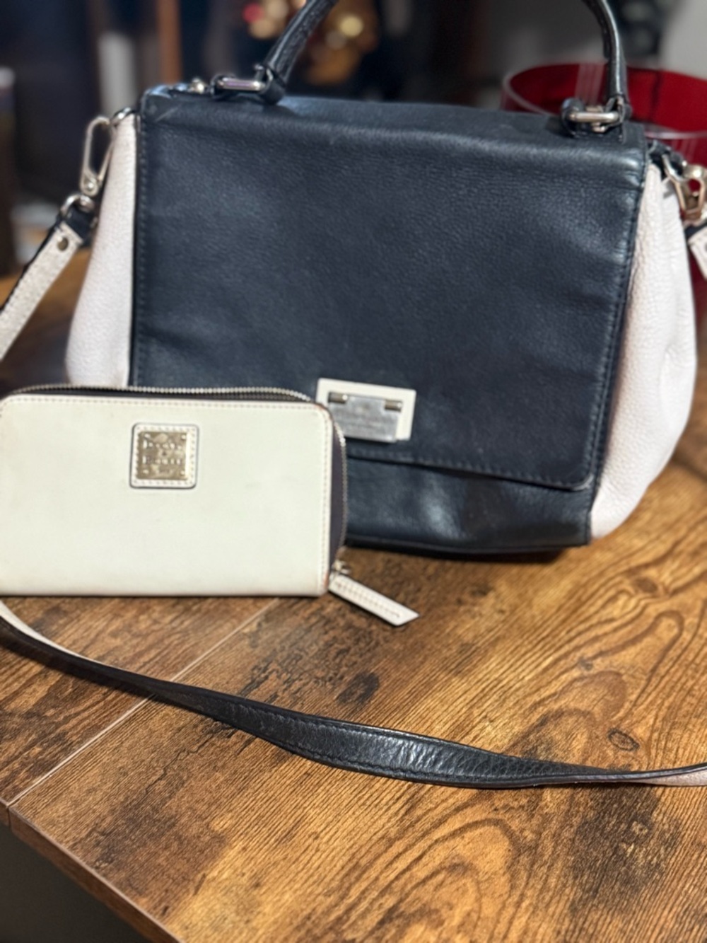 Dooney & Bourke Black and Cream Leather Satchel with Matching Wallet